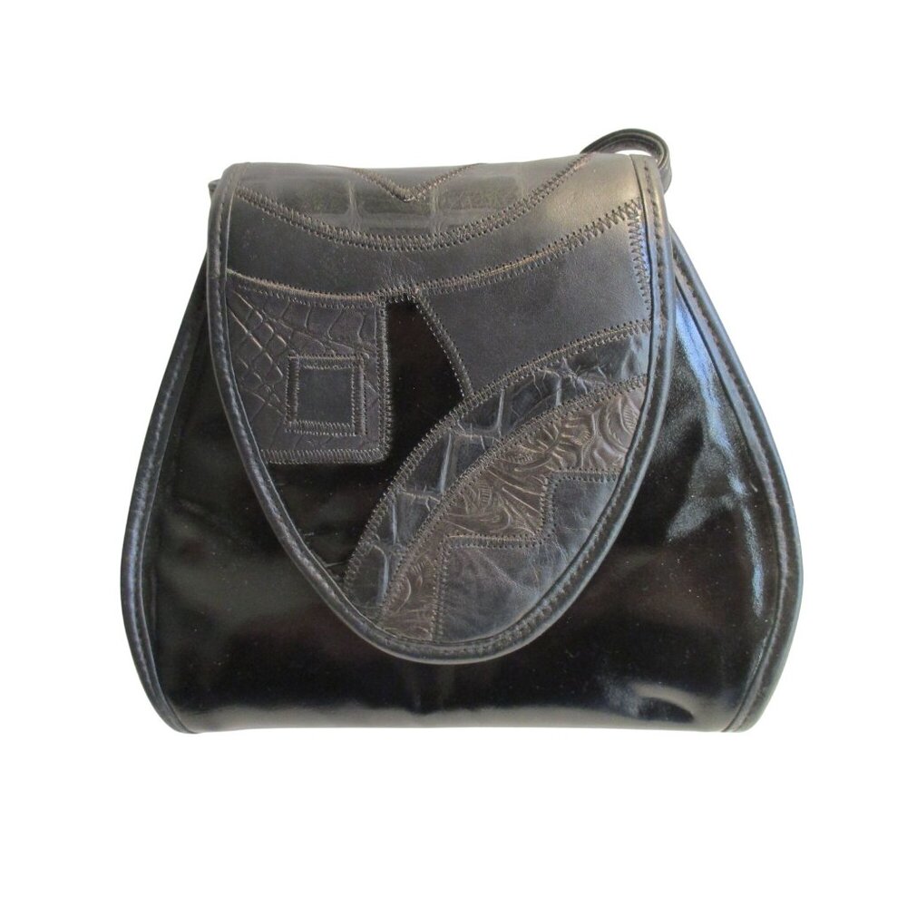 *Vintage Black Patent Patchwork Crossbody Shoulder Bag